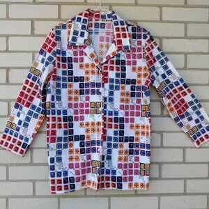Vintage 70s Plus Size TRISSI Shirt Blouse 46"B Wild Colorful Pop Art Geometric
